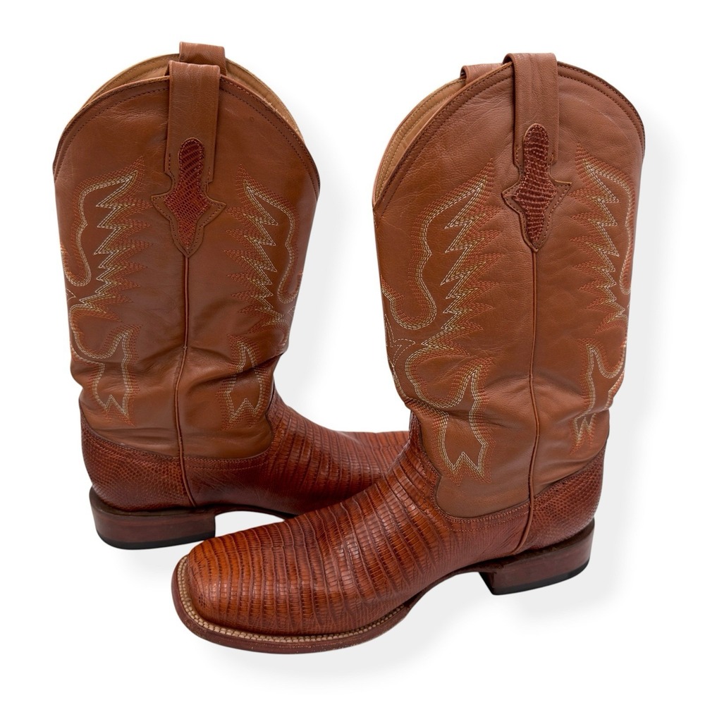 VTG Ferrini Men's Teju Lizard Square Toe Boots Size 13 D Brown Western Cowboy